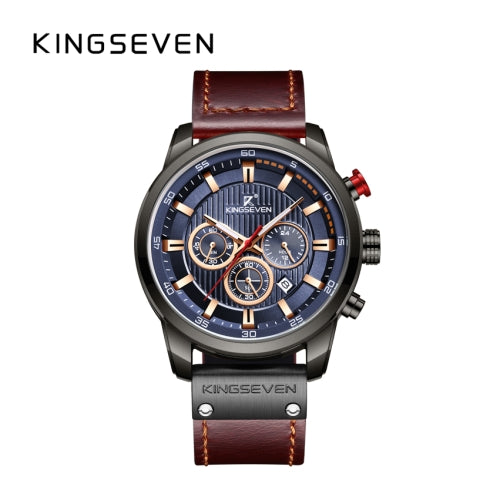 KINGSEVEN Herenhorloge 9507 – Blauw-Bruin – Quartz – Leren Band – Roestvrij Staal – Datum Aanduiding – Sportief & Luxe Design – 45mm