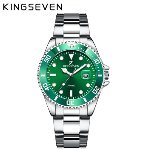 KINGSEVEN Herenhorloge 9619 – Zilverkleurig-Groen – Quartz – Roestvrij Staal – Vlindersluiting – Datumweergave – Luxe Duikershorloge – Waterbestendig – Stijlvol & Tijdloos Design