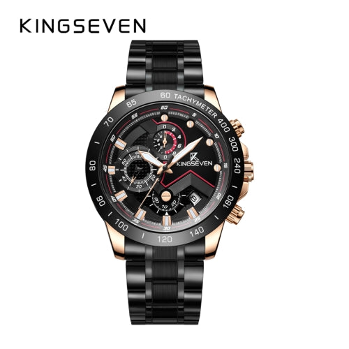 KINGSEVEN Herenhorloge – Zwart-Rosekleurig – Chronograaf – Quartz – Roestvrij Staal – Waterbestendig – Vlindersluiting – Luxe Design – Elegant