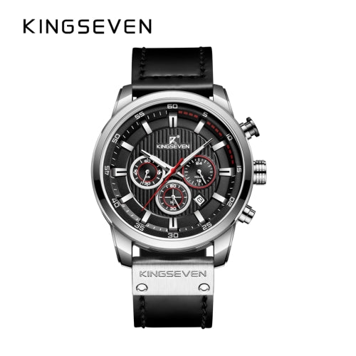 KINGSEVEN Herenhorloge 9507 – Zilverkleurig-Zwart – Quartz – Leren Band – Roestvrij Staal – Datum Aanduiding – Sportief & Klassiek Design – 45mm