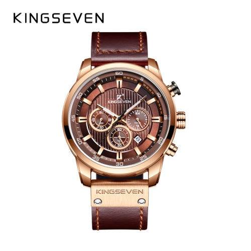 KINGSEVEN Herenhorloge 9507 – Goudkleurig-Bruin – Quartz – Leren Band – Roestvrij Staal – Datum Aanduiding – Luxe & Klassiek Design – 45mm