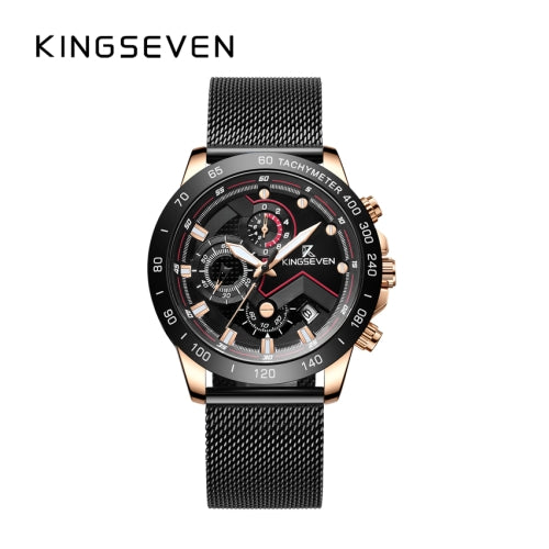 KINGSEVEN Herenhorloge – Zwart – Milanese Band – Quartz – Chronograaf – Waterbestendig – Luxe & Modern Design