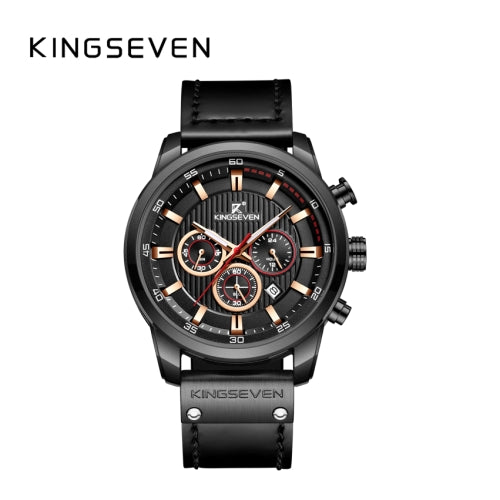 KINGSEVEN Herenhorloge 9507 – Zwart – Quartz – Leren Band – Roestvrij Staal – Datum Aanduiding – Sportief & Modern Design – 45mm