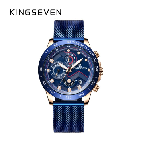 KINGSEVEN Herenhorloge – Blauw-Rosekleurig – Milanese Band – Quartz – Chronograaf – Waterbestendig – Luxe & Elegant Design