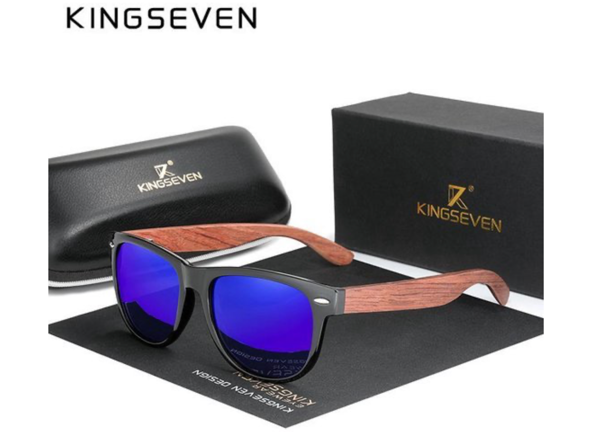 KingSeven Zonnebril Heren - Dark Blue Wayfarer Bamboo UV400 en Polarisatie filter